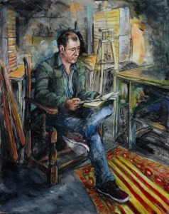 A mixed media portrait in charcoal, pastel and acrylic on paper.