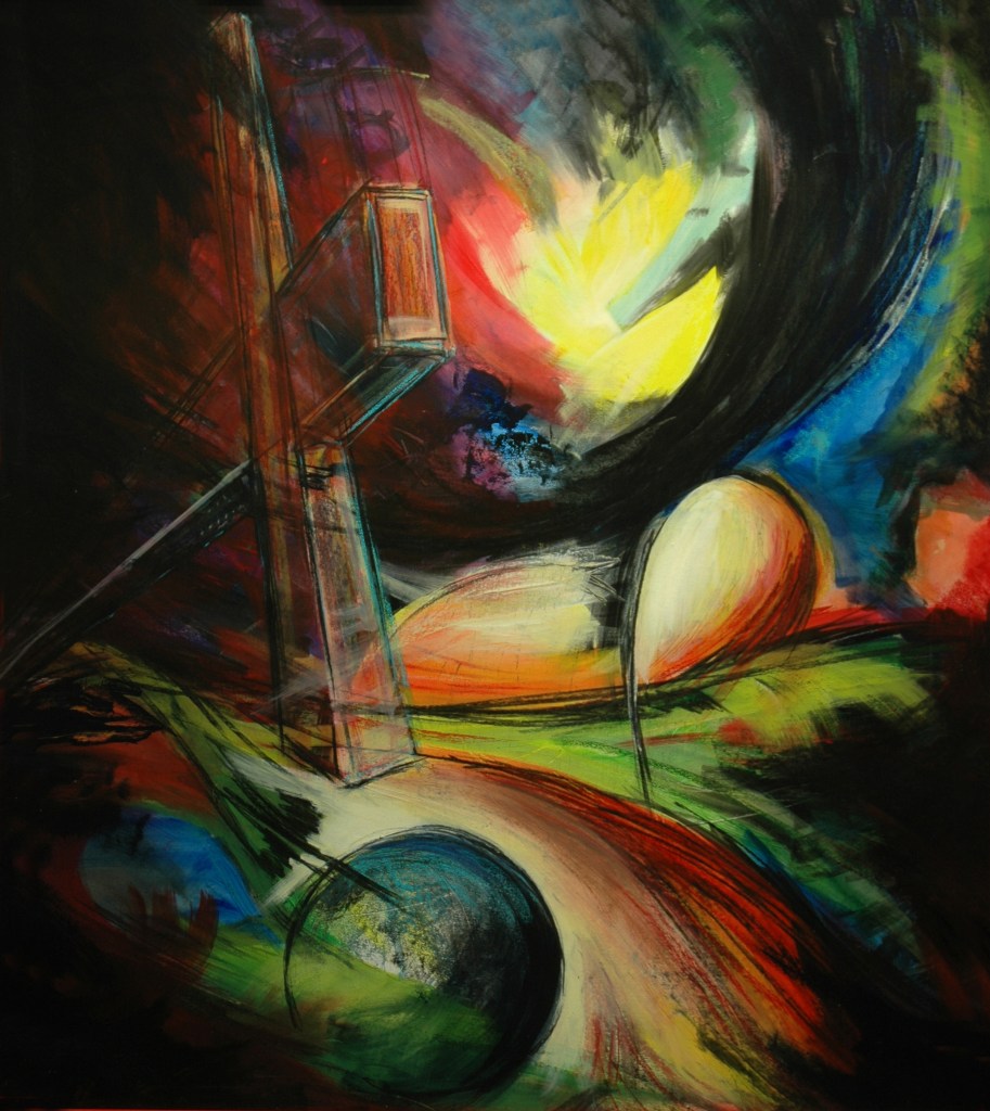 An abstract painting with a cross coming out of the dark on the left with a hinted at figure with a head reasting on a landscape. which owes a little to Edvard Munch's Scream.