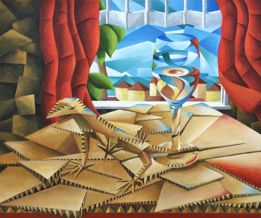 The image is created with broken and distorted shapes. It depicts a gecko and a half full glass on a table in from of an open window looking out on a Mediterranean style vista. The Gecko with two feet raised and two on the grounded on the table. Looking at whether the glass is half full or half empty, this Gecko who lives in the desert only has two feet on the hot sand at any time to alleviate the discomfort. Half full of half empty are often seem through our perception of our circumstances.