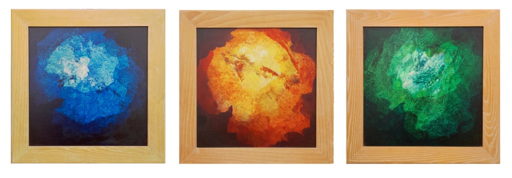 Layers: Red Green and Blue. This series of paintings were created whilst exploring the architecture of thought and how ideas and notions are constructed. The layering and overlapping of thoughts brought together in ideas and notions is tangled process. However, in disparate thoughts we recognise similarity. The process for making these images is similar. Using six identical templates to apply six layers of thin oil paint to each of the images in the different colours I rotated the templates, so they are placed at different angles in each image so there is nowhere the images are the same and yet despite different colours the similarity is recognisable.